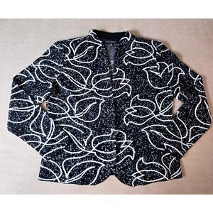 Ming Wang‎ PS Petite Small Black Floral Print Knit Jacket Career Cardigan Snap